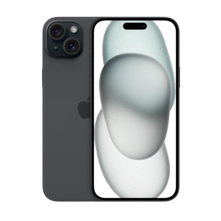 Graphite iPhone with triple-lens rear camera and large front display showing a soft abstract wallpaper.