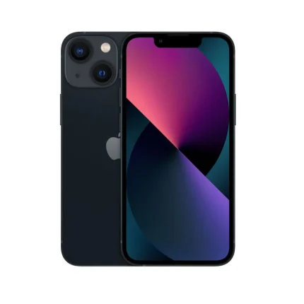 Front and back view of a dark blue iPhone with dual rear cameras and a vibrant geometric wallpaper on the display.