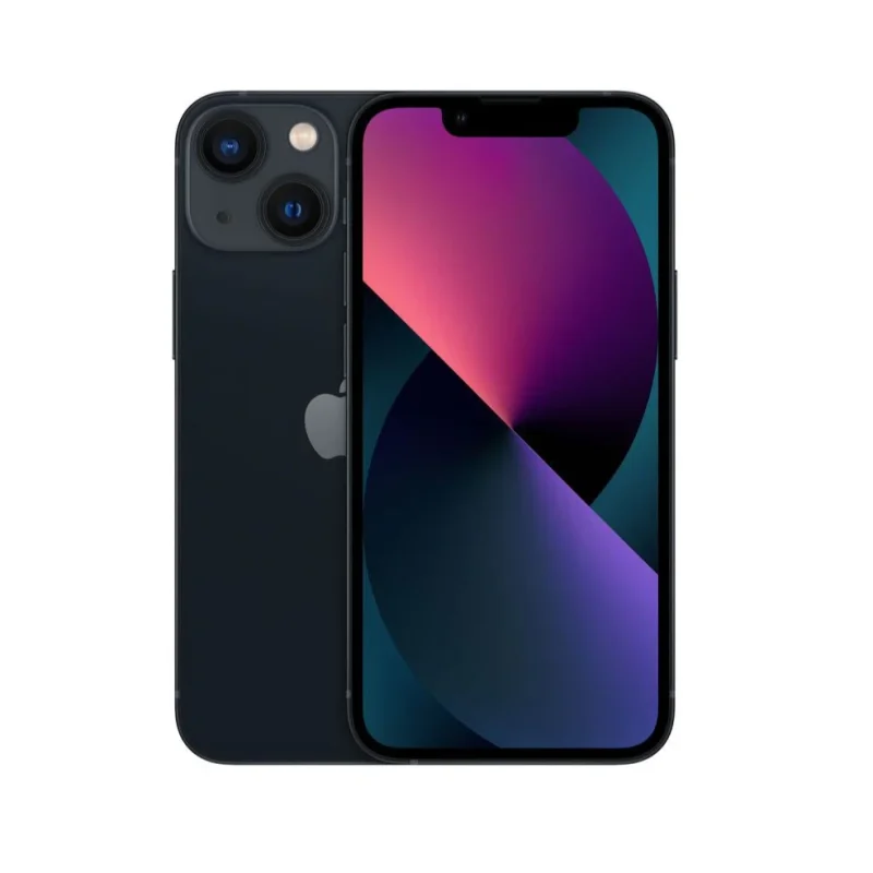 Front and back view of a dark blue iPhone with dual rear cameras and a vibrant geometric wallpaper on the display.