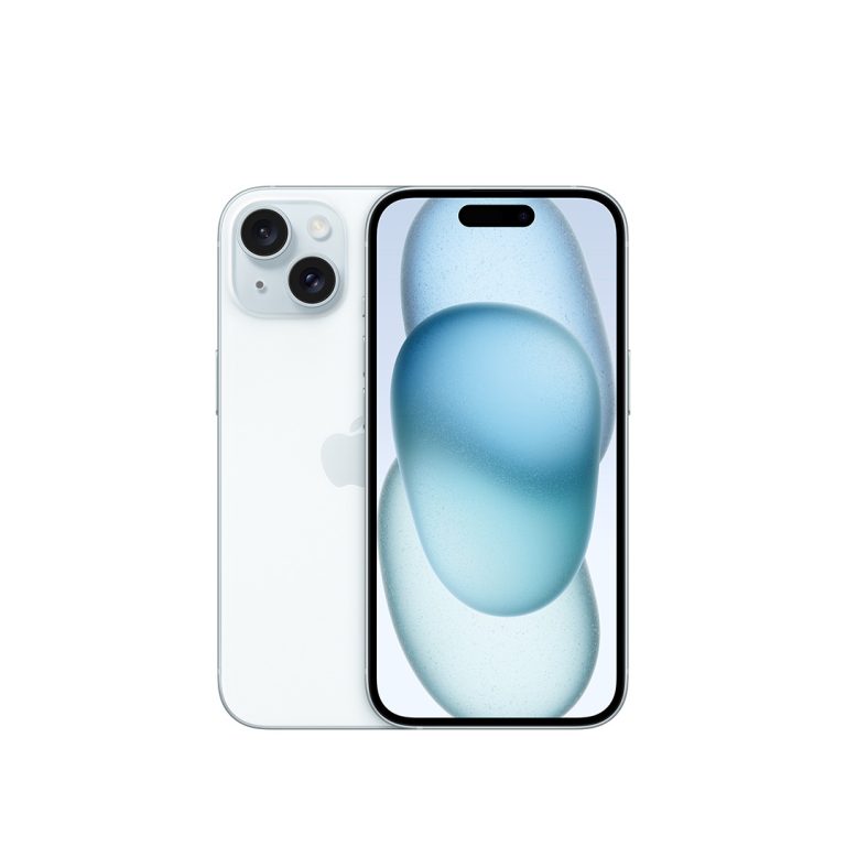 White iPhone shown from back and front, dual-camera rear, Apple logo, and edge-to-edge display with blue abstract wallpaper.