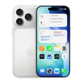 Front view of a silver iPhone displaying a blue chat notification on its home screen with app icons visible.