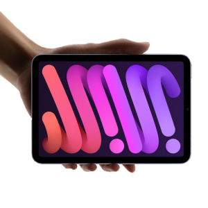 Hand holding a tablet displaying a bright abstract pink-to-purple gradient design on the screen.