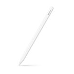White Apple Pencil Pro stylus angled diagonally on a white background with soft shadow beneath its tip.