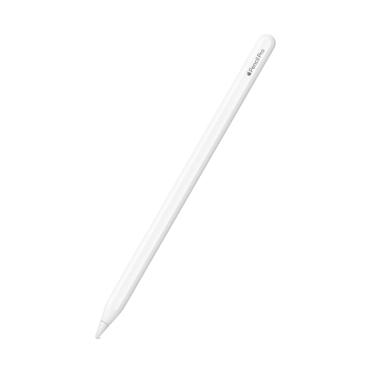 White Apple Pencil Pro stylus diagonally across a white background, showing its tip and branding on the side.