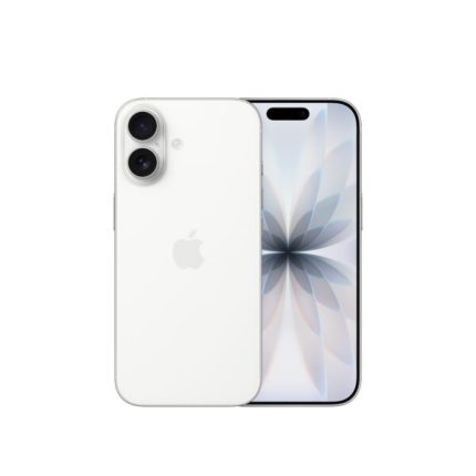 White iPhone with dual-camera rear and Apple logo, front screen displaying a pale geometric wallpaper.