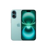 Mint green iPhone with a dual-camera back, Apple logo, and a large edge-to-edge display on the front.
