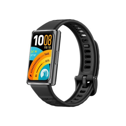 Black fitness smartwatch with a rectangular display and perforated strap on a white background, showing colorful time and activity graphics