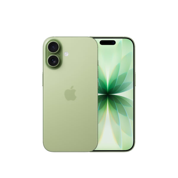 Green iPhone facing left, showing dual rear cameras and Apple logo; front display shows green abstract wallpaper.