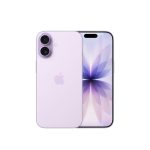 Purple iPhone with dual-camera setup on the back and a colorful wallpaper on the screen.