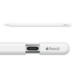 Close-up of a white Apple Pencil with the cap removed, revealing the charging connector in the shaft.
