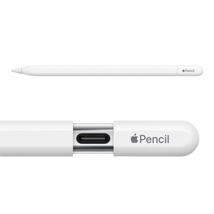 Close-up of a white Apple Pencil with the cap removed, exposing the magnetic charging area and the 'Apple Pencil' label on the cap