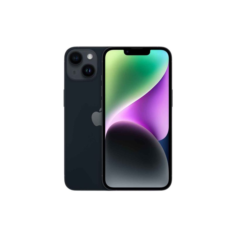 Dark blue iPhone shown from front and back, with notch and a colorful display against a white background.
