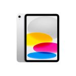 Front view of a white tablet with a black bezel, angled to show the screen displaying bright, overlapping abstract color circles (blue, pink, yellow).