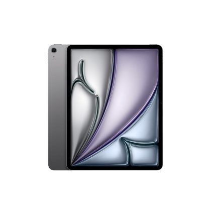 Space gray tablet with a black bezel displaying abstract wallpaper, shown with a protective cover folded on the left side.