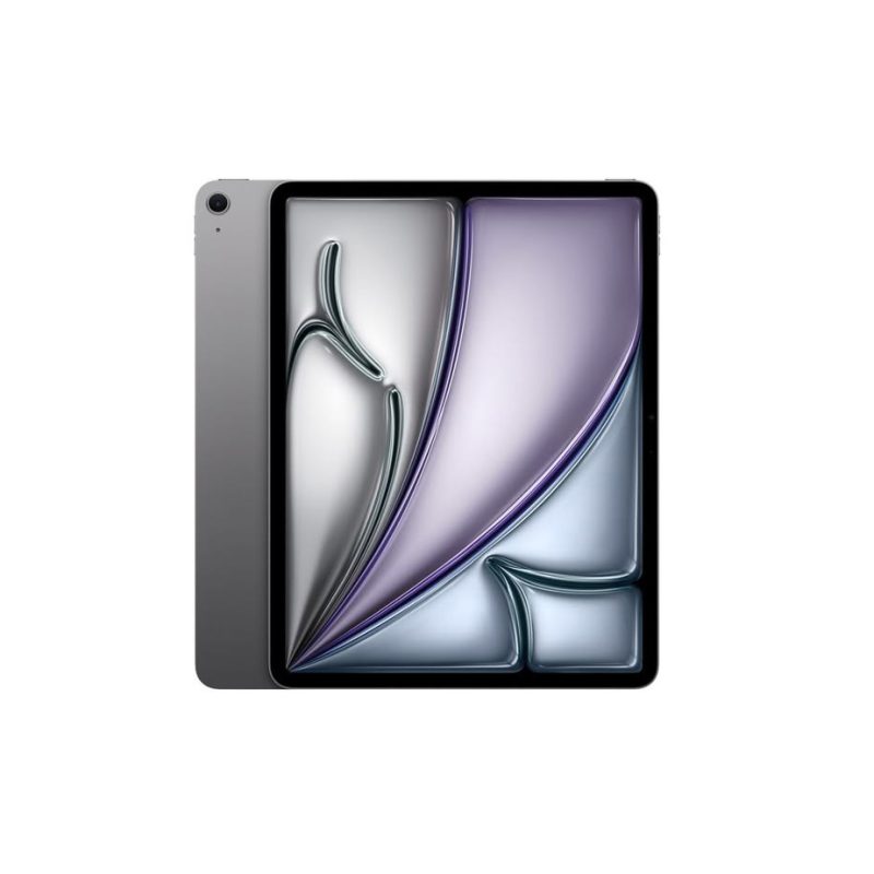 Space gray tablet with a black bezel displaying abstract wallpaper, shown with a protective cover folded on the left side.