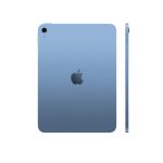 Blue tablet shown from the back with rounded corners and Apple logo, plus a slim side profile view on the right side.