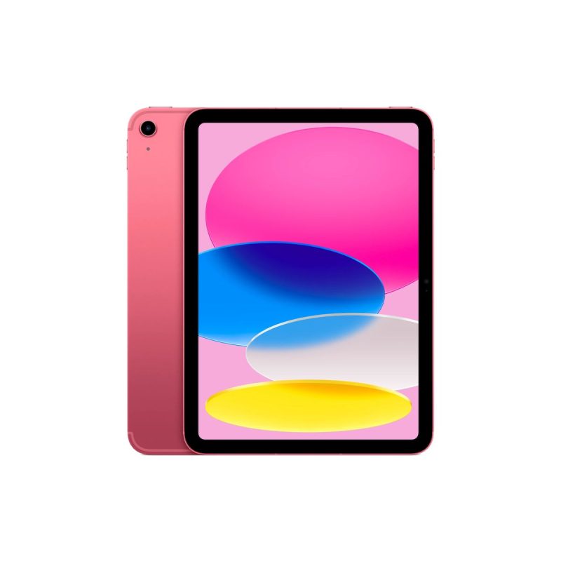 Pink tablet with a black bezel showing a colorful abstract wallpaper (pink, blue, yellow) on its screen, viewed at slight angle from the back left side.