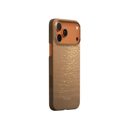 Gold textured phone case with a checkered pattern around the camera area on a bronze-colored smartphone back