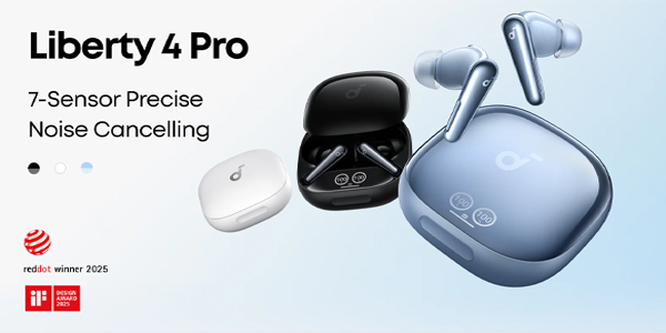 Liberty 4 Pro earbuds with charging case, highlighting 7-sensor noise cancelling and sleek blue design on a gradient background.