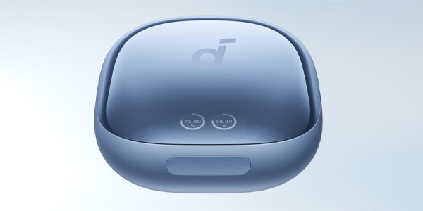 Blue wireless earbud charging case with a subtle logo on top and two small status indicator lights on the front.