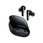 Anker-Soundcore-Liberty-4-Pro_Black - PRIME TECH Black true wireless earbuds with a glossy black charging case, open and ready to use, with battery indicators visible inside the case.