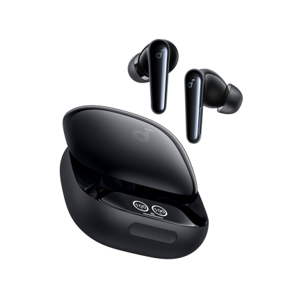 Black true wireless earbuds with a glossy black charging case, open and ready to use, with battery indicators visible inside the case.