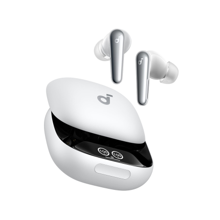 White wireless earbuds with glossy silver stems and an open white charging case; compact and modern.