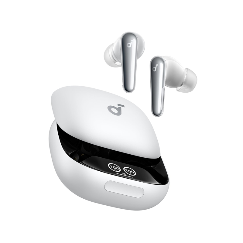 White wireless earbuds with glossy silver stems and an open white charging case; compact and modern.