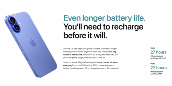 Advertisement banner showing a blue iPhone with text about longer battery life and up to 27 hours of video playback (iPhone 16). The right side lists 27h and 22h playback times.