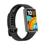 Black fitness smartwatch with a rectangular touchscreen and a silicone strap posed at an angle