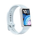 Light blue smartwatch with rectangular touchscreen showing 10:08 and weather icons; silicone strap visible from the side.
