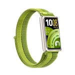 Lime green smartwatch with a fabric band and rectangular display showing 10:08 and weather/health icons on a bright screen.
