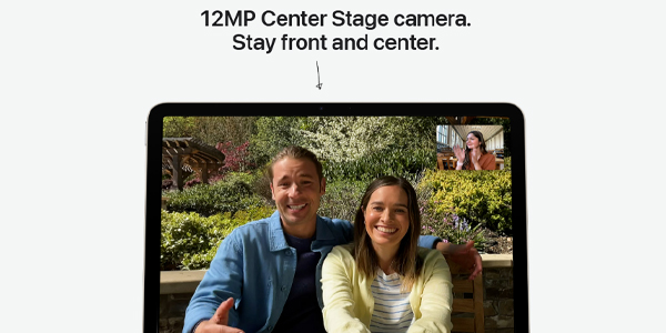 Group video call on a tablet: two people in foreground on main screen with a small caller tile in the corner, illustrating Center Stage keeps them centered.