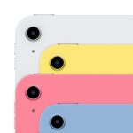 Stack of four pastel-colored iPhone back panels in white, yellow, pink, and blue, each showing a circular camera lens.