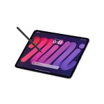 Tilted tablet with a stylus resting on its screen displaying a purple-pink abstract wallpaper, suggesting drawing or note-taking use.