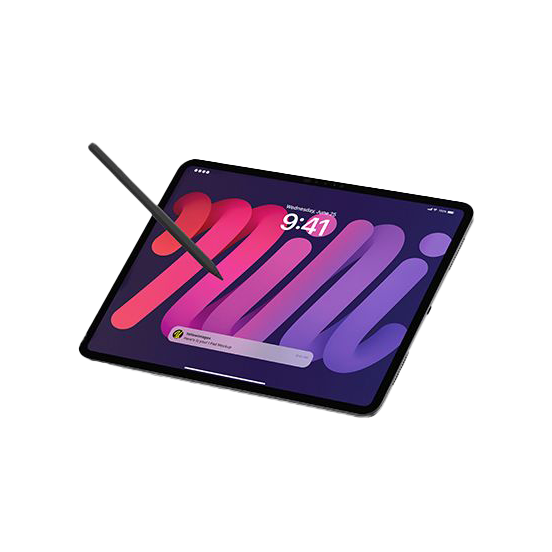 Tablet with a stylus resting on its screen, displaying a bright purple‑pink abstract wallpaper and a notification.