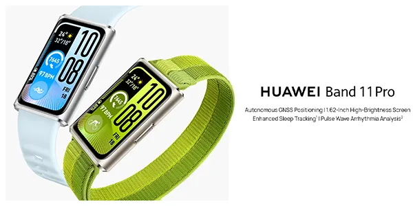 Two Huawei Band 11 Pro smartwatches with white and lime-green bands shown side by side, promo image on left.