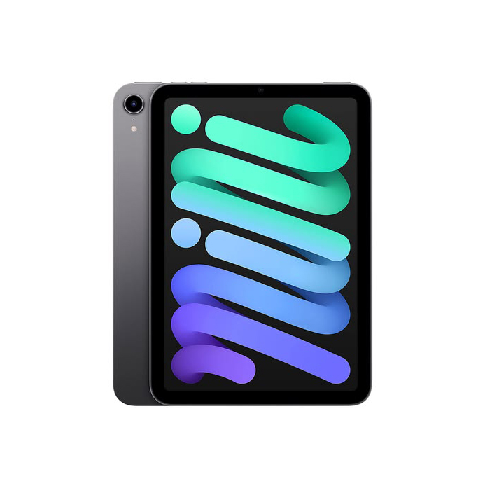 Tablet with black screen displaying a colorful abstract swirl wallpaper, shown in a slight angled view from the front and back sides.