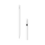 White Apple Pencil seen in two orientations: the tip end on the left and the capped end separated on the right, shown against a white background.