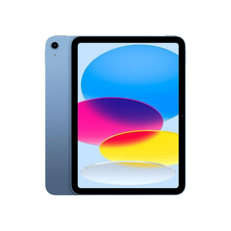 Blue tablet shown from front and back, with a black bezel and colorful abstract wallpaper on the screen.