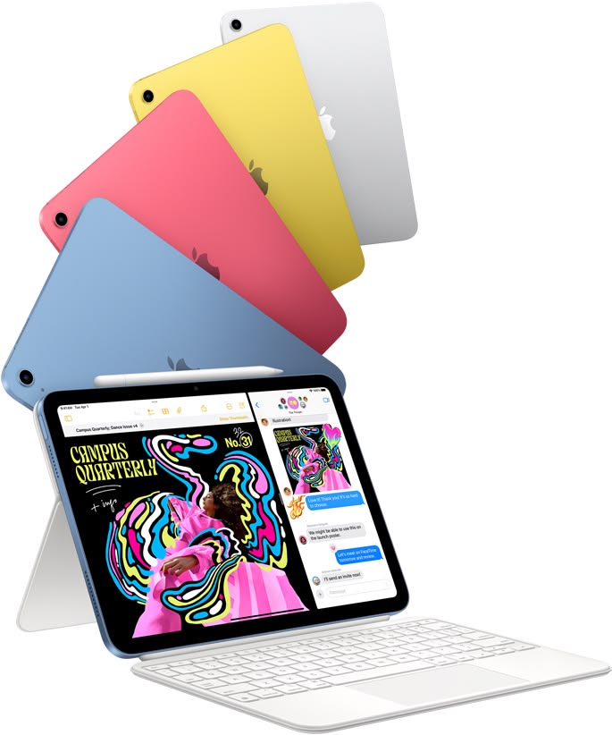 Multiple colorful iPads stacked behind a tablet with a keyboard, showing vibrant artwork on the screen.