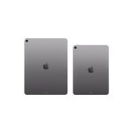 Two gray iPads shown from the back, one large and one small, with rear cameras in the top-left corner and Apple logos