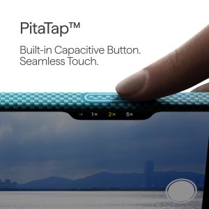 Finger presses a blue textured capacitive button on the edge of a device; ad text reads 'PitaTap™ Built-in Capacitive Button. Seamless Touch.'