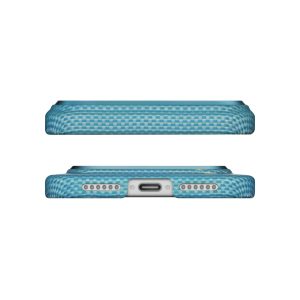 Blue checkered smartphone case shown from side and bottom, highlighting the port and speaker openings.