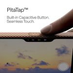 PitaTap built-in capacitive button with seamless touch on a textured device edge, finger near the button name visible in the image.