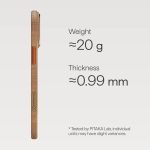 Side view of a textured brown phone case showing weight ≈20 g and thickness ≈0.99 mm; note: tested by PITAKA Lab.