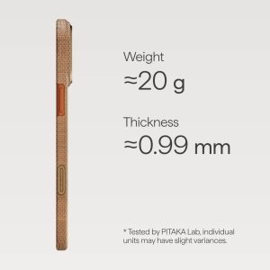 Side view of a textured brown phone case showing weight ≈20 g and thickness ≈0.99 mm; note: tested by PITAKA Lab.