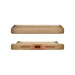 Two views of a gold woven smartphone case: top shows smooth edge, bottom reveals central USB-C port and speaker cutouts with matching copper-tone accents
