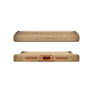 Two views of a gold woven smartphone case: top shows smooth edge, bottom reveals central USB-C port and speaker cutouts with matching copper-tone accents
