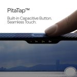 Finger presses a built-in capacitive button on a blue textured device edge.